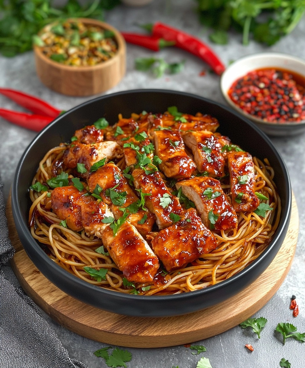 Nouilles au poulet miel piment