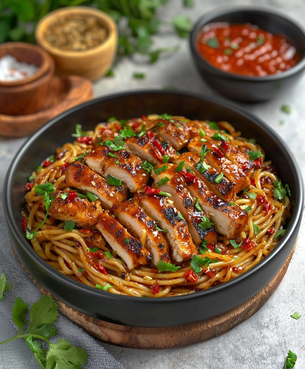 Nouilles au poulet miel piment