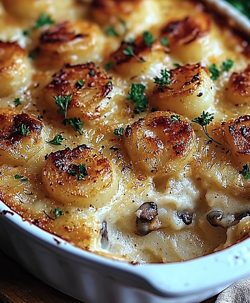 Gratin pommes de terre crevettes champignons