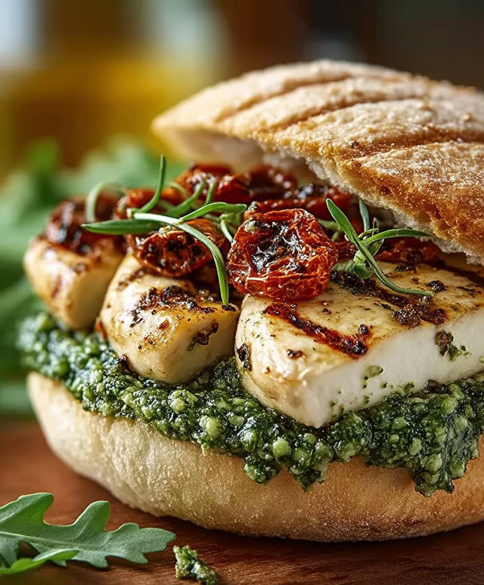 Sandwich poulet grillé pesto