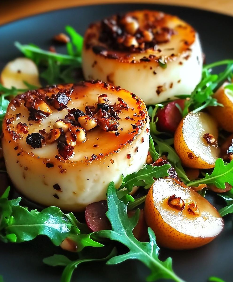 Fromage chèvre cuit four salade poires