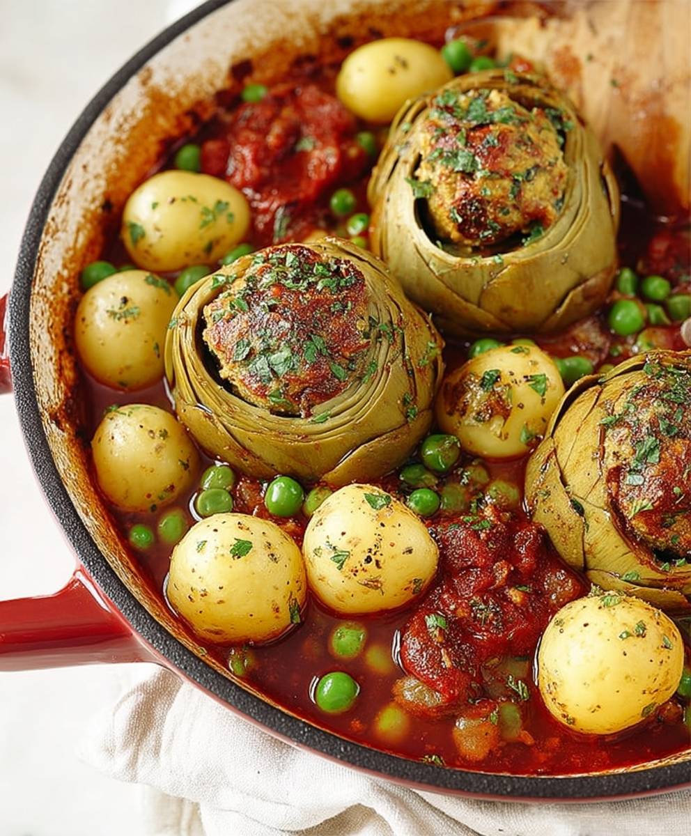 Artichauts farcis pommes de terre petits pois