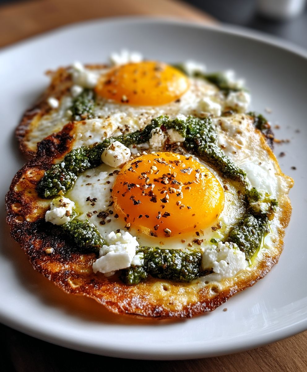 Oeufs frits feta pesto
