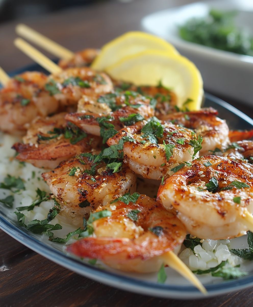 Brochettes crevettes citron ail