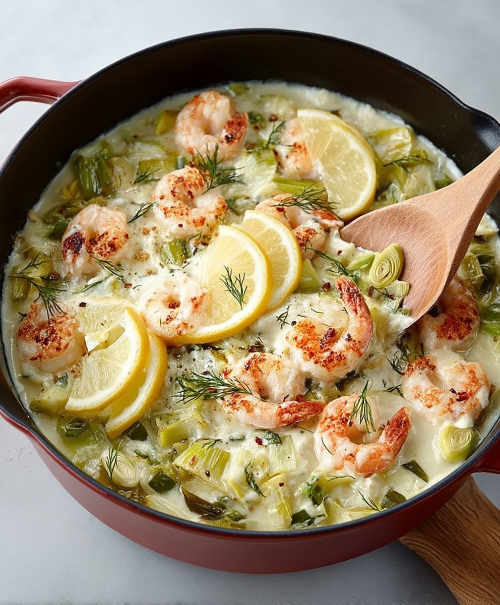 Fondue poireaux crevettes