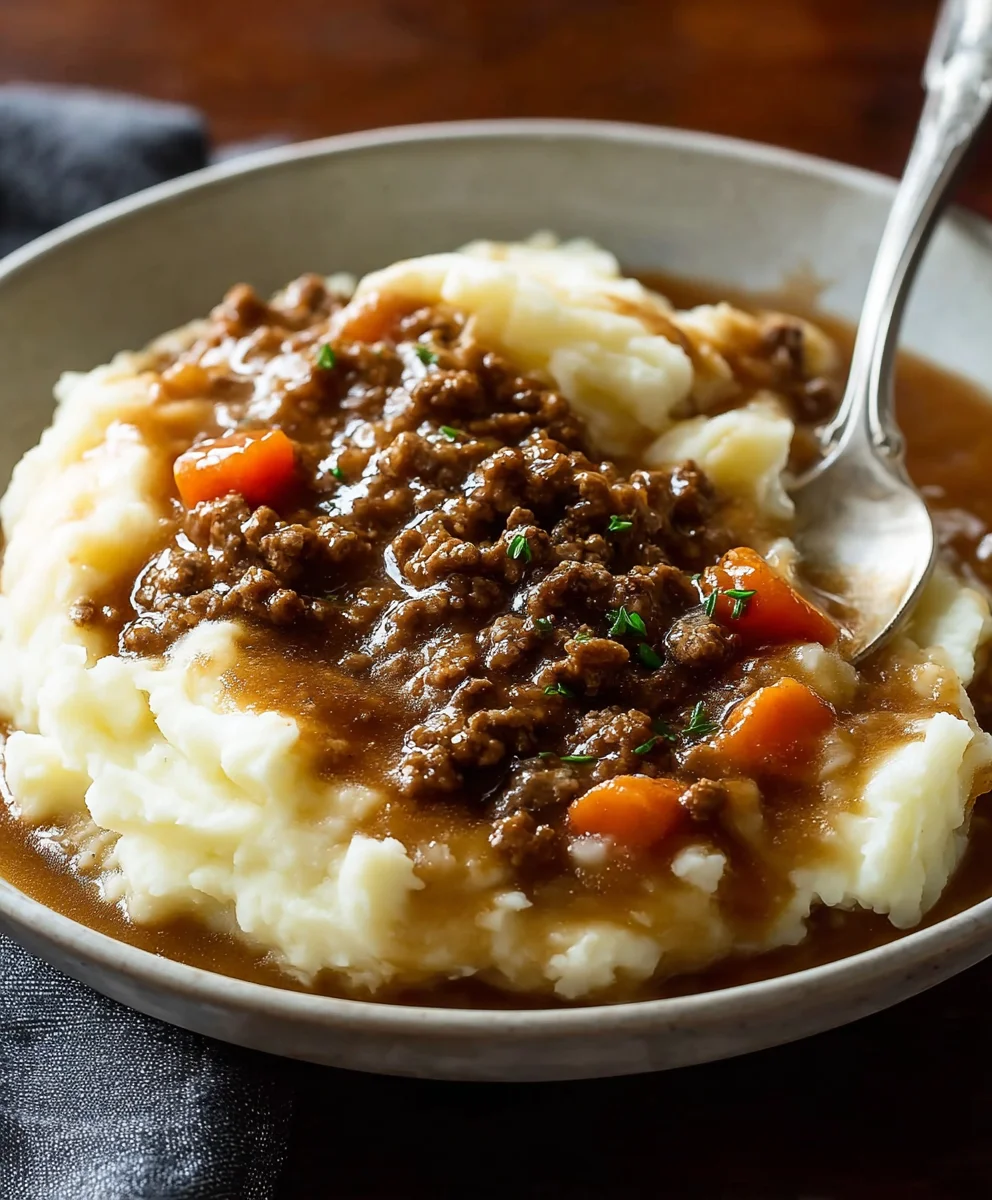 Bœuf Haché Réconfortant en Sauce sur Purée de Pommes de Terre
