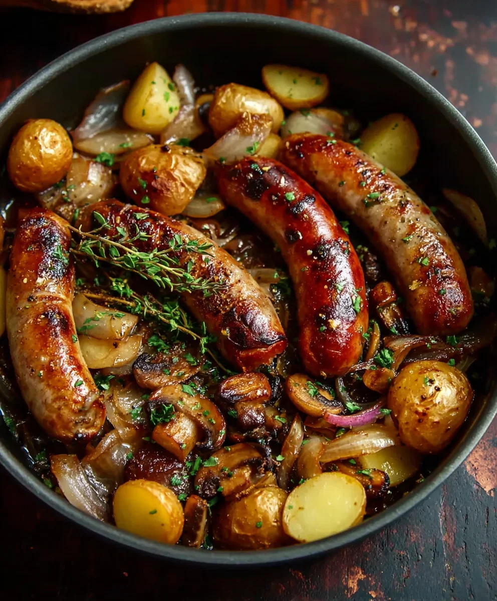 Recette Saucisses Bœuf, Champignons & Pommes de Terre au Four