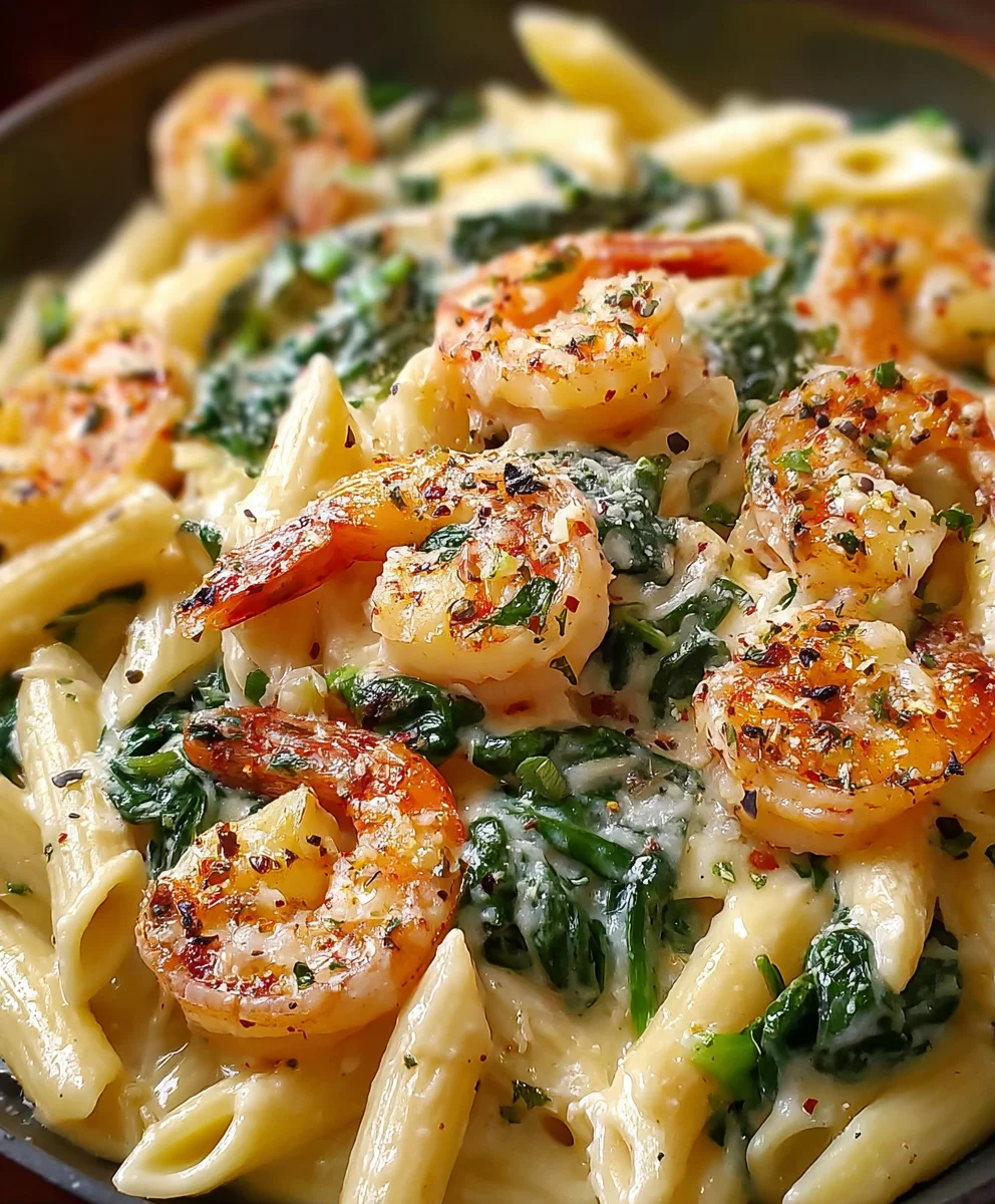 Penne crémeuse crevettes épinards cheddar