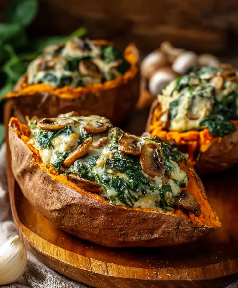 Pommes de Terre Douces Farcies Champignons, Épinards Crémeux