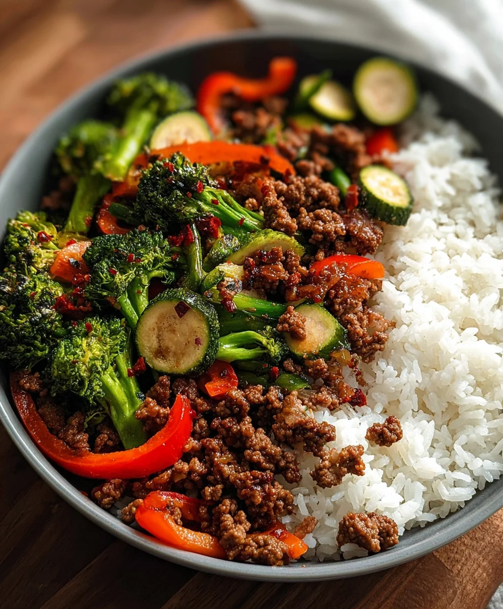 Bol de Bœuf Épicé aux Légumes Ail & Riz Vapeur